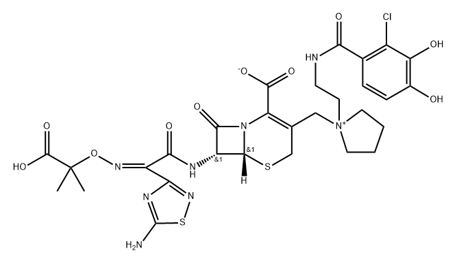 1-[[(6R,7R)-7-[[(2Z)-2-(5-Amino-1,2,4-thiadiazol-3-yl)-2-[(1-carboxy-1-methylethoxy)imino]acetyl]amino]-2-carboxy-8-oxo-5-thia-1-azabicyclo[4.2.0]oct-2-en-3-yl]methyl]-1-[2-[(2-chloro-3,4-dihydroxyben Struktur