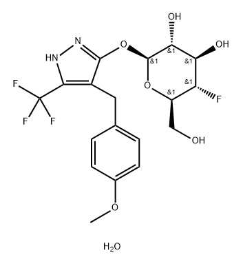 β-D-Glucopyranoside, 4-[(4-methoxyphenyl)methyl]-5-(trifluoromethyl)-1H-pyrazol-3-yl 4-deoxy-4-fluoro-, hydrate (1:1) Struktur