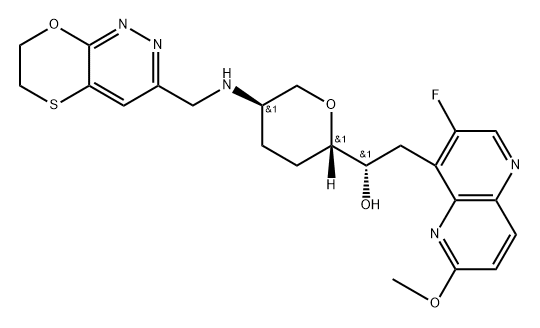 L-arabino-Heptitol, 3,7-anhydro-1,4,5,6-tetradeoxy-6-[[(6,7-dihydro[1,4]oxathiino[2,3-c]pyridazin-3-yl)methyl]amino]-1-(3-fluoro-6-methoxy-1,5-naphthyridin-4-yl)- Struktur