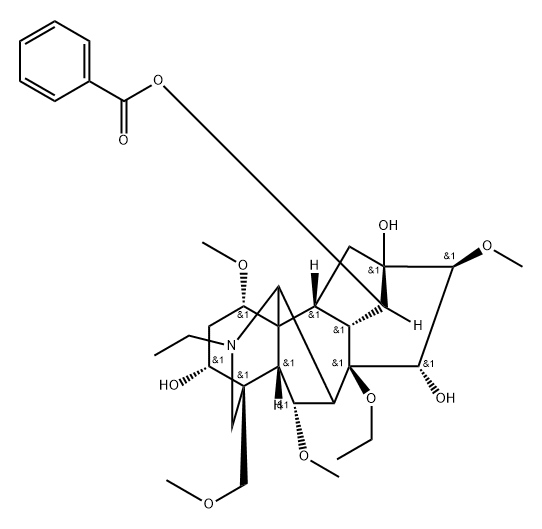 Aconitane-3,13,14,15-tetrol, 8-ethoxy-20-ethyl-1,6,16-trimethoxy-4-(methoxymethyl)-, 14-benzoate, (1α,3α,6α,14α,15α,16β)- Struktur