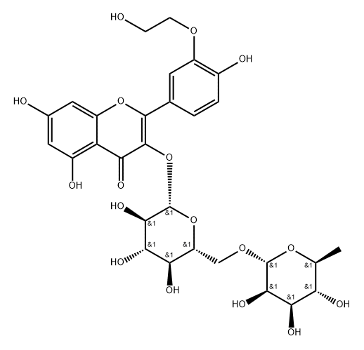 4H-1-Benzopyran-4-one, 3-[[6-O-(6-deoxy-α-L-mannopyranosyl)-β-D-glucopyranosyl]oxy]-5,7-dihydroxy-2-[4-hydroxy-3-(2-hydroxyethoxy)phenyl]- Struktur