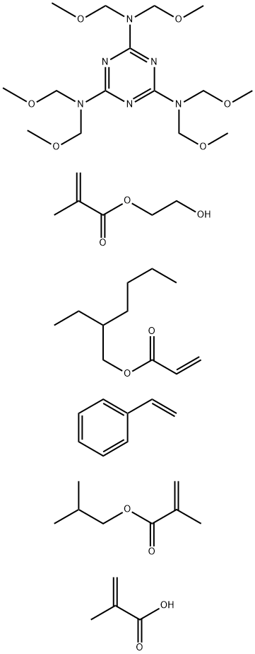 2-Propenoic acid, 2-methyl-, polymer with ethenylbenzene, 2-ethylhexyl 2-propenoate, N,N,N',N',N'',N''-hexakis( methoxymethyl)-1,3,5-triazine-2,4,6-triamine, 2-hydroxyethyl 2-methyl-2-propenoate and 2-methylpropyl 2-methyl-2-propenoate Struktur