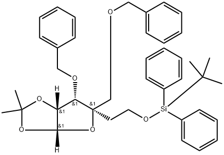 β-?L-?lyxo-?Hexofuranose, 5-?deoxy-?6-?O-?[(1,?1-?dimethylethyl)?diphenylsilyl]?-?1,?2-?O-?(1-?methylethylidene)?-?4-?C-?[(phenylmethoxy)?methyl]?-?3-?O-?(phenylmethyl)?- Struktur