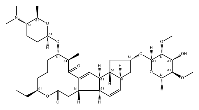 1H-as-Indaceno[3,2-d]oxacyclododecin-7,15-dione, 2-[(6-deoxy-2,4-di-O-methyl-α-L-mannopyranosyl)oxy]-13-[[(2R,5S,6R)-5-(dimethylamino)tetrahydro-6-methyl-2H-pyran-2-yl]oxy]-9-ethyl-2,3,3a,5a,5b,6,9,10,11,12,13,14,16a,16b-tetradecahydro-14-methyl-, (2R,3aS,5aR,5bS,9S,13S,14R,16aS,16bR)- Struktur