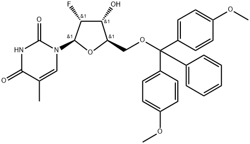 2'-Deoxy-2'-fluoro-5'-O-(4,4'-dimethoxytrityl)-5-methyluridine Struktur