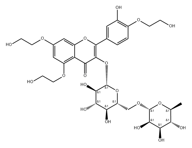 4H-1-Benzopyran-4-one, 3-[[6-O-(6-deoxy-α-L-mannopyranosyl)-β-D-glucopyranosyl]oxy]-5,7-bis(2-hydroxyethoxy)-2-[3-hydroxy-4-(2-hydroxyethoxy)phenyl]- Struktur