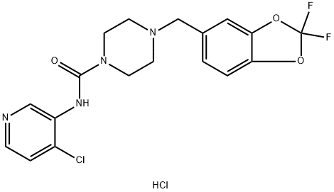 1-Piperazinecarboxamide, N-(4-chloro-3-pyridinyl)-4-[(2,2-difluoro-1,3-benzodioxol-5-yl)methyl]-, hydrochloride (1:2) Struktur