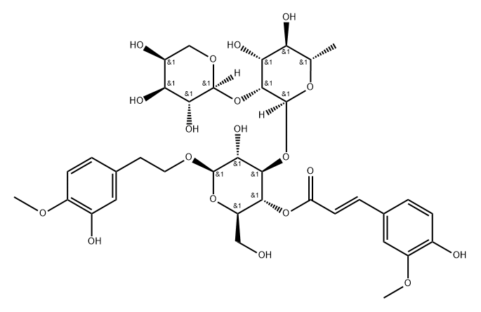 β-D-Glucopyranoside, 2-(3-hydroxy-4-methoxyphenyl)ethyl O-α-L-arabinopyranosyl-(1→2)-O-6-deoxy-α-L-mannopyranosyl-(1→3)-, 4-[(2E)-3-(4-hydroxy-3-methoxyphenyl)-2-propenoate] Struktur