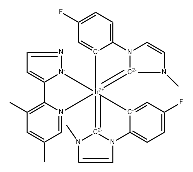 Bis(1-(4-fluorophenyl)-3-MethyliMdazoline-2-ylidene-C,C2')(3,5-diMethyl-2-(1H-pyrazol-5-yl)pyridine) Struktur