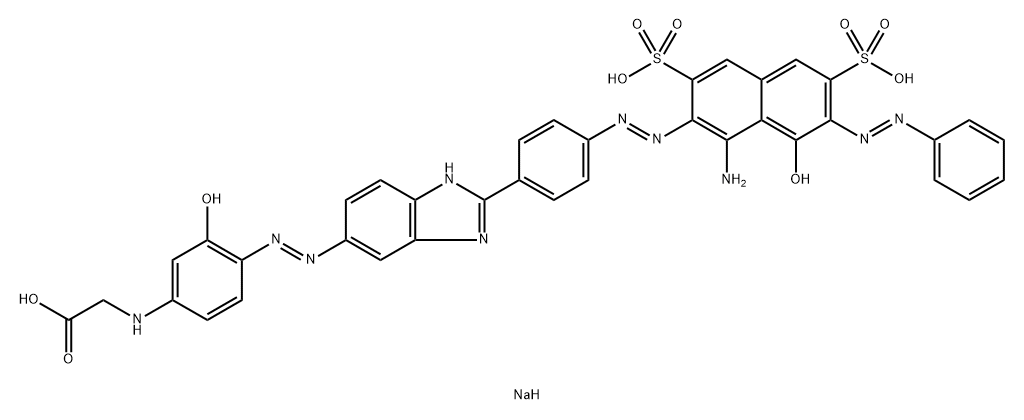 Glycine, N-[4-[2-[2-[4-[2-[1-amino-8-hydroxy-7-(2-phenyldiazenyl)-3,6-disulfo-2-naphthalenyl]diazenyl]phenyl]-1H-benzimidazol-6-yl]diazenyl]-3-hydroxyphenyl]-, sodium salt (1:2) Struktur