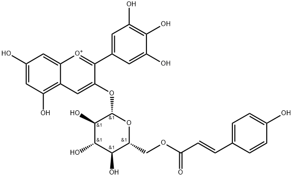 1-Benzopyrylium, 5,7-dihydroxy-3-[[6-O-[(2E)-3-(4-hydroxyphenyl)-1-oxo-2-propen-1-yl]-β-D-glucopyranosyl]oxy]-2-(3,4,5-trihydroxyphenyl)- Struktur