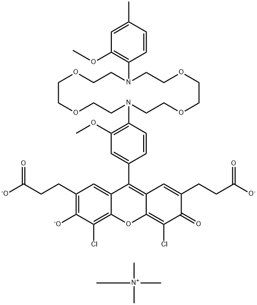 Methanaminium, N,N,N-trimethyl-, 4,5-dichloro-6-hydroxy-9-[3-methoxy-4-[16-(2-methoxy-4-methylphenyl)-1,4,10,13-tetraoxa-7,16-diazacyclooctadec-7-yl]phenyl]-3-oxo-3H-xanthene-2,7-dipropanoate (3:1) Struktur