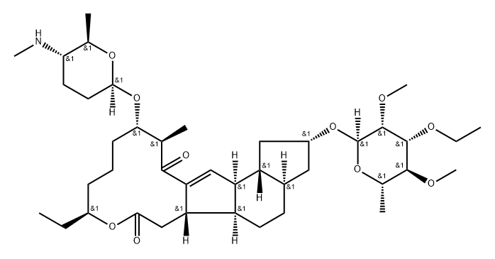 1H-as-Indaceno[3,2-d]oxacyclododecin-7,15-dione, 2-[(6-deoxy-3-O-ethyl-2,4-di-O-methyl-α-L-mannopyranosyl)oxy]-9-ethyl-2,3,3a,4,5,5a,5b,6,9,10,11,12,13,14,16a,16b-hexadecahydro-14-methyl-13-[[(2R,5S,6R)-tetrahydro-6-methyl-5-(methylamino)-2H-pyran-2-yl]oxy]-, (2R,3aR,5aR,5bS,9S,13S,14R,16aS,16bR)- Struktur