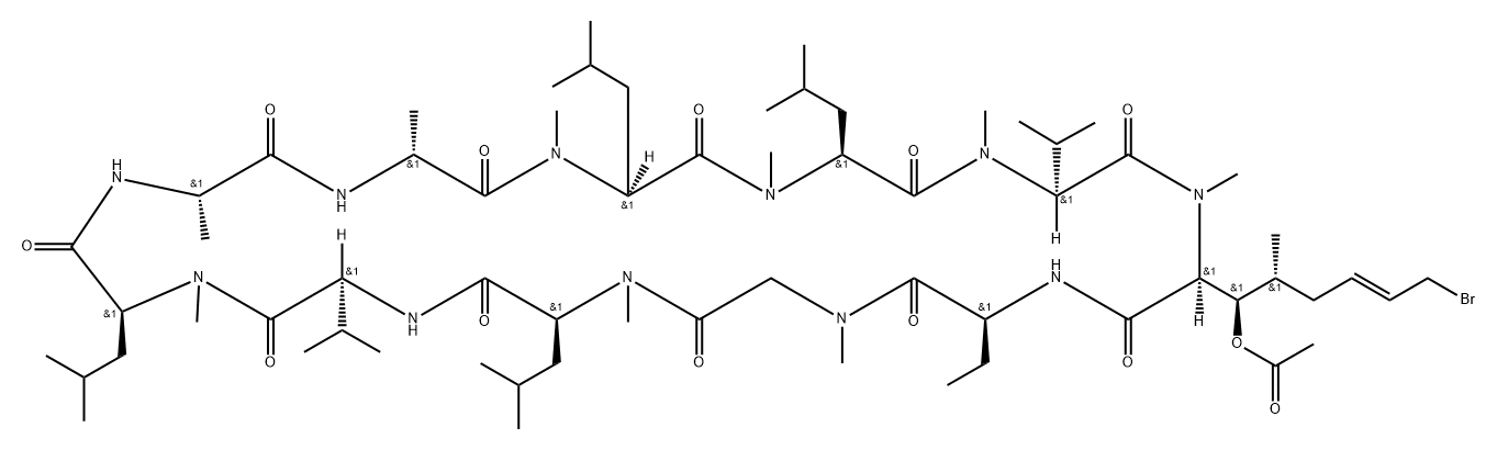 Cyclosporin A, 6-[(2S,3R,4R,6E)-3-(acetyloxy)-8-bromo-4-methyl-2-(methylamino)-6-octenoic acid]- Struktur