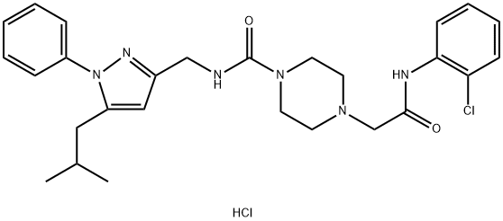 1-Piperazineacetamide, N-(2-chlorophenyl)-4-[[[[5-(2-methylpropyl)-1-phenyl-1H-pyrazol-3-yl]methyl]amino]carbonyl]-, hydrochloride (1:1) Structure