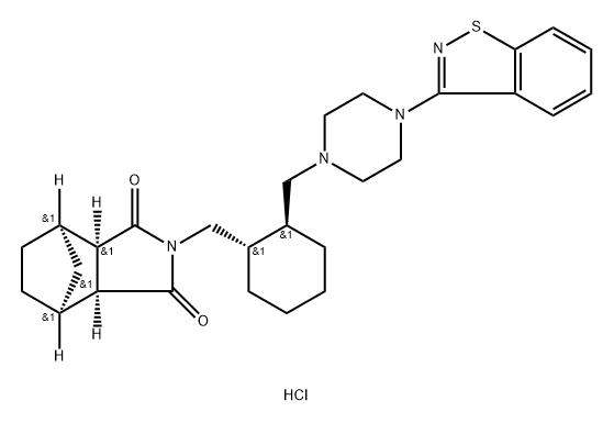 (3aR,4R,7S,7aS)-rel-2-[[(1R,2R)-2-[[4-(1,2-Benzisothiazol-3-yl)-1-piperazinyl]methyl]cyclohexyl]methyl]hexahydro-4,7-methano-1H-isoindole-1,3(2H)-dione hydrochloride (1:1) Struktur