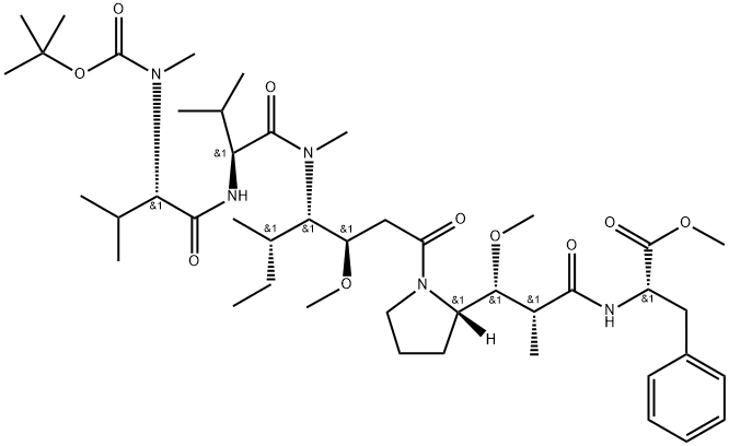 L-Phenylalanine, N-[(1,1-dimethylethoxy)carbonyl]-N-methyl-L-valyl-L-valyl-(3R,4S,5S)-3-methoxy-5-methyl-4-(methylamino)heptanoyl-(αR,βR,2S)-β-methoxy-α-methyl-2-pyrrolidinepropanoyl-, methyl ester Struktur