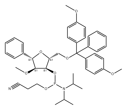 D-?Ribitol, 1,?4-?anhydro-?5-?O-?[bis(4-?methoxyphenyl)?phenylmethyl]?-?2-?O-?methyl-?1-?C-?phenyl-?, 3-?[2-?cyanoethyl N,?N-?bis(1-?methylethyl)?phosphoramidite]?, (1S)?- Struktur