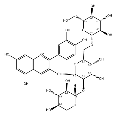 Cyanidin 3-glucopyranosyl-(1→6)-[3-xylopyranosyl-(1→2)]-galactopyranoside Struktur