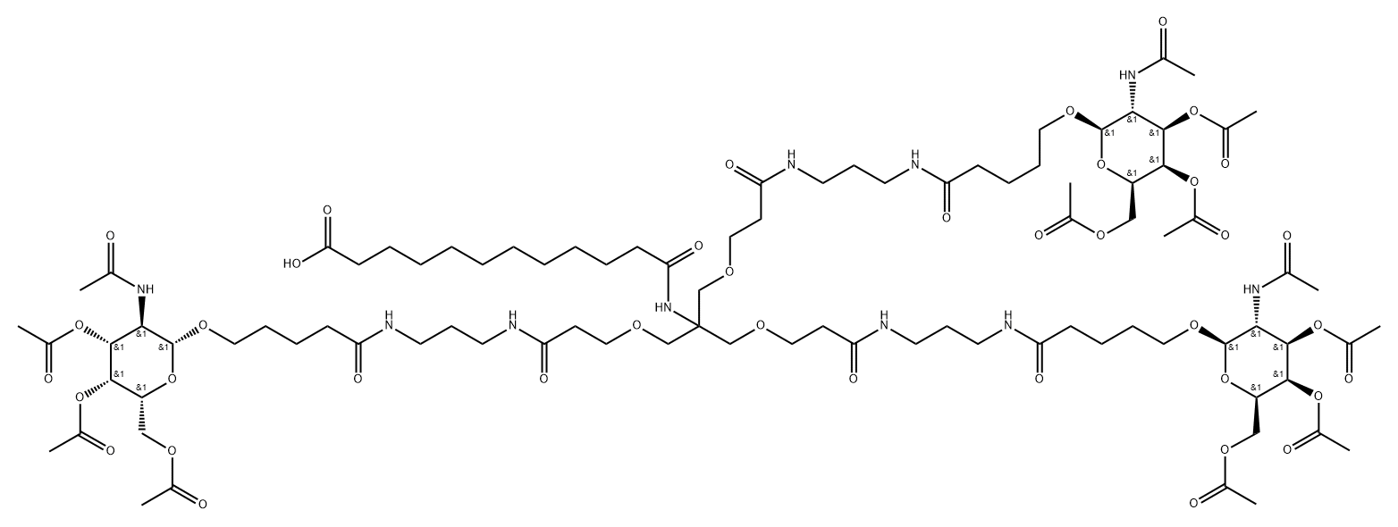 16-Oxa-13,20,24-triazanonacosanoic acid, 12,19,25-trioxo-14,14-bis[[3-oxo-3-[[3-[[1-oxo-5-[[3,4,6-tri-O-acetyl-2-(acetylamino)-2-deoxy-β-D-galactopyranosyl]oxy]pentyl]amino]propyl]amino]propoxy]methyl]-29-[[3,4,6-tri-O-acetyl-2-(acetylamino)-2-deoxy-β-D-galactopyranosyl]oxy]- Struktur