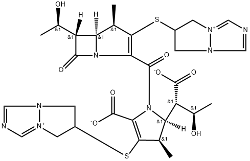 5H-Pyrazolo[1,2-a][1,2,4]triazol-4-ium, 6-[[(4R,5S,6S)-2-[[(2S,3R)-5-carboxy-2-[(1S,2R)-1-carboxy-2-hydroxypropyl]-4-[(6,7-dihydro-5H-pyrazolo[1,2-a][1,2,4]triazol-4-ium-6-yl)thio]-2,3-dihydro-3-methyl-1H-pyrrol-1-yl]carbonyl]-6-[(1R)-1-hydroxyethyl]-4-methyl-7-oxo-1-azabicyclo[3.2.0]hept-2-en-3-yl]thio]-6,7-dihydro-, bis(inner salt) Structure