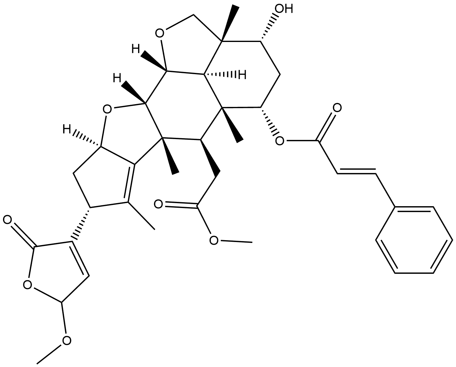 2H,3H-Cyclopenta[d']naphtho[1,8-bc:2,3-b']difuran-6-acetic acid, 8-(2,5-dihydro-5-methoxy-2-oxo-3-furanyl)-2a,4,5,5a,6,6a,8,9,9a,10a,10b,10c-dodecahydro-3-hydroxy-2a,5a,6a,7-tetramethyl-5-[[(2E)-1-oxo-3-phenyl-2-propen-1-yl]oxy]-, methyl ester, (2aR,3R,5S,5aR,6R,6aR,8R,9aR,10aS,10bR,10cR)- Struktur