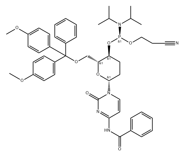 Benzamide, N-[1-[6-O-[bis(4-methoxyphenyl)phenylmethyl]-4-O-[[bis(1-methylethyl)amino](2-cyanoethoxy)phosphino]-2,3-dideoxy-β-D-erythro-hexopyranosyl]-1,2-dihydro-2-oxo-4-pyrimidinyl]-, (S)- (9CI) Struktur