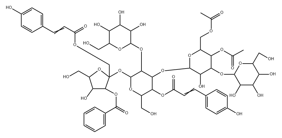 α-D-Glucopyranoside, 3-O-benzoyl-1-O-[(2E)-3-(4-hydroxyphenyl)-1-oxo-2-propen-1-yl]-β-D-fructofuranosyl O-β-D-glucopyranosyl-(1→3)-O-4,6-di-O-acetyl-β-D-glucopyranosyl-(1→3)-O-[β-D-glucopyranosyl-(1→2)]-, 4-[(2E)-3-(4-hydroxyphenyl)-2-propenoate] Struktur