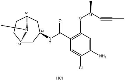 Benzamide, 4-amino-5-chloro-N-[(3-endo)-8-methyl-8-azabicyclo[3.2.1]oct-3-yl]-2-[[(1S)-1-methyl-2-butyn-1-yl]oxy]-, hydrochloride (1:1) Struktur