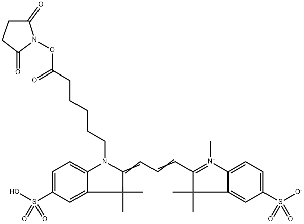 3H-Indolium, 2-[3-[1-[6-[(2,5-dioxo-1-pyrrolidinyl)oxy]-6-oxohexyl]-1,3-dihydro-3,3-dimethyl-5-sulfo-2H-indol-2-ylidene]-1-propen-1-yl]-1,3,3-trimethyl-5-sulfo-, inner salt Struktur