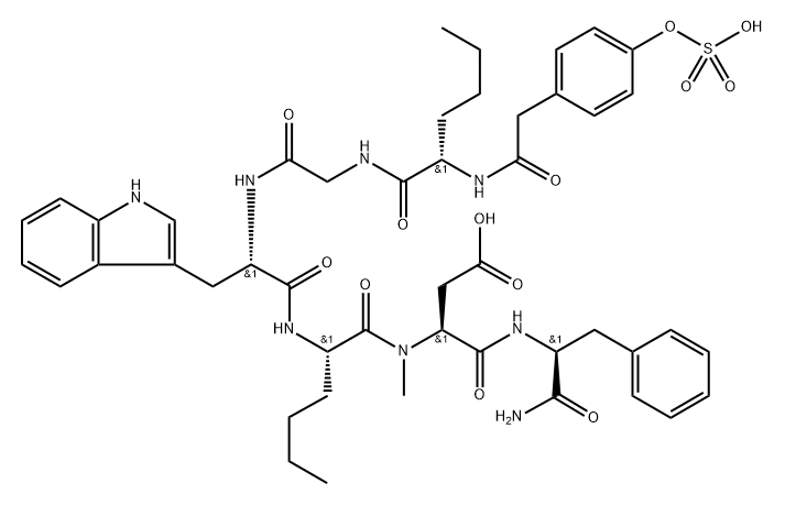 L-Phenylalaninamide, N-[2-[4-(sulfooxy)phenyl]acetyl]-L-norleucylglycyl-L-tryptophyl-L-norleucyl-N-methyl-L-α-aspartyl- Struktur