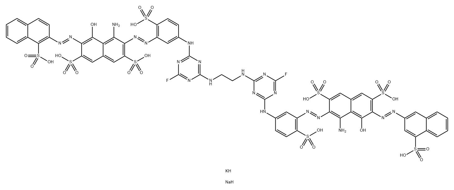 1,2-bis[4-fluoro-6-{4-sulfo-5-(2-(4-sulfonaphtalene-3-ylazo)-1-hydroxy-3,6-disulfo-8-aminonaphthalene-7-ylazo)phenylamino}-1,3,5-triazin-2ylamino]ethanex-sodium, y-potassium salts x = 7,755    y = 0,245 Struktur