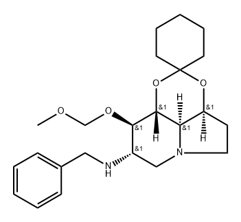 Spirocyclohexane-1,2-1,3dioxino4,5,6-hiindolizin-8-amine, octahydro-9-(methoxymethoxy)-N-(phenylmethyl)-, 3aS-(3a.alpha.,8.alpha.,9.beta.,9a.beta.,9b.alpha.)- Struktur