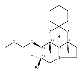 Spirocyclohexane-1,2-1,3dioxino4,5,6-hiindolizin-8-ol, octahydro-9-(methoxymethoxy)-8-methyl-, 3aS-(3a.alpha.,8.beta.,9.beta.,9a.beta.,9b.alpha.)- Struktur