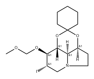 Spirocyclohexane-1,2-1,3dioxino4,5,6-hiindolizine, octahydro-8-iodo-9-(methoxymethoxy)-, 3aS-(3a.alpha.,8.alpha.,9.beta.,9a.beta.,9b.alpha.)- Struktur