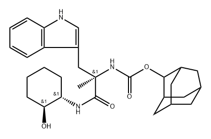 Carbamic acid, N-[(1R)-2-[[(1S,2S)-2-hydroxycyclohexyl]amino]-1-(1H-indol-3-ylmethyl)-1-methyl-2-oxoethyl]-, tricyclo[3.3.1.13,7]dec-2-yl ester Struktur