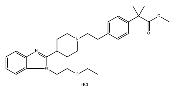 Benzeneacetic acid, 4-[2-[4-[1-(2-ethoxyethyl)-1H-benzimidazol-2-yl]-1-piperidinyl]ethyl]-α,α-dimethyl-, methyl ester, hydrochloride (1:1) Struktur