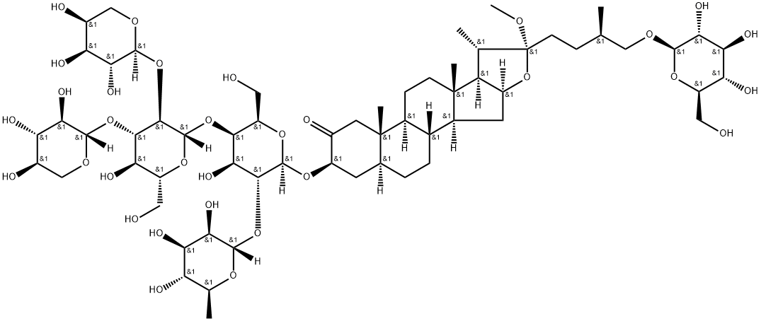 3-hydroxy-22-methoxy-26-O-glucopyranosyloxy-furost-25(27)-en-2-one-3-O-(O-rhamnopyranosyl-(1-2)-O-(O-arabinopyranosyl-(1-2)-O-(xylopyranosyl-(1-3))-glucopyranosyl-(1-4))galactopyranoside) Struktur