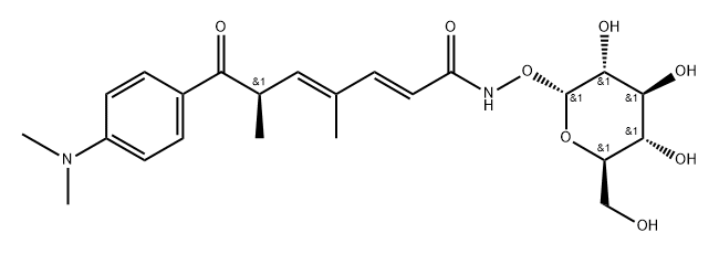 2,4-Heptadienamide, 7-[4-(dimethylamino)phenyl]-N-(α-D-glucopyranosyloxy)-4,6-dimethyl-7-oxo-, (2E,4E,6R)- Struktur