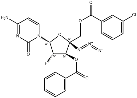 2(1H)-Pyrimidinone, 4-amino-1-[4-C-azido-3-O-benzoyl-5-O-(3-chlorobenzoyl)-2-deoxy-2-fluoro-β-D-arabinofuranosyl]- Struktur