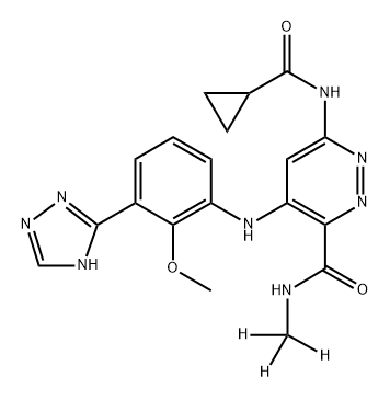 3-Pyridazinecarboxamide, 6-[(cyclopropylcarbonyl)amino]-4-[[2-methoxy-3-(1H-1,2,4-triazol-5-yl)phenyl]amino]-N-(methyl-d3)- Struktur