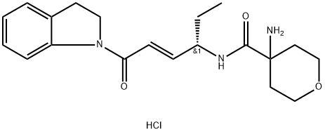 2H-Pyran-4-carboxamide, 4-amino-N-[(1S,2E)-4-(2,3-dihydro-1H-indol-1-yl)-1-ethyl-4-oxo-2-buten-1-yl]tetrahydro-, hydrochloride (1:1) Struktur