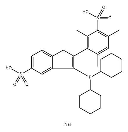 1H-Indene-5-sulfonic acid, 3-(dicyclohexylphosphino)-2-(2,4,6-trimethyl-3-sulfophenyl)-, sodium salt (1:2) Struktur