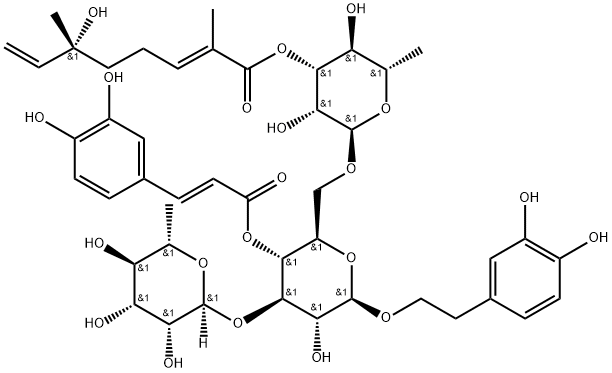 β-D-Glucopyranoside, 2-(3,4-dihydroxyphenyl)ethyl O-6-deoxy-3-O-[(2E,6R)-6-hydroxy-2,6-dimethyl-1-oxo-2,7-octadien-1-yl]-α-L-mannopyranosyl-(1→6)-O-[6-deoxy-α-L-mannopyranosyl-(1→3)]-, 4-[(2E)-3-(3,4-dihydroxyphenyl)-2-propenoate] Struktur