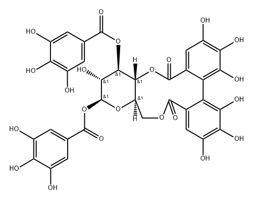 beta-D-Glucopyranose cyclic 4,6-(4,4',5,5',6,6'-hexahydroxy[1,1'-biphenyl]-2,2'-dicarboxylate) 1,3-bis(3,4,5-trihydroxybenzoate) Struktur