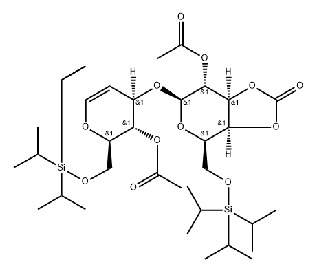 3-O-[2-O-Acetyl-3,4-O-carbonyl-6-O-[tris(1-methylethyl)silyl]-beta-D-galactopyranosyl]-1,5-anhydro-2-deoxy-6-O-[tris(1-methylethyl)silyl]-D-arabino-hex-1-enitol acetate Struktur