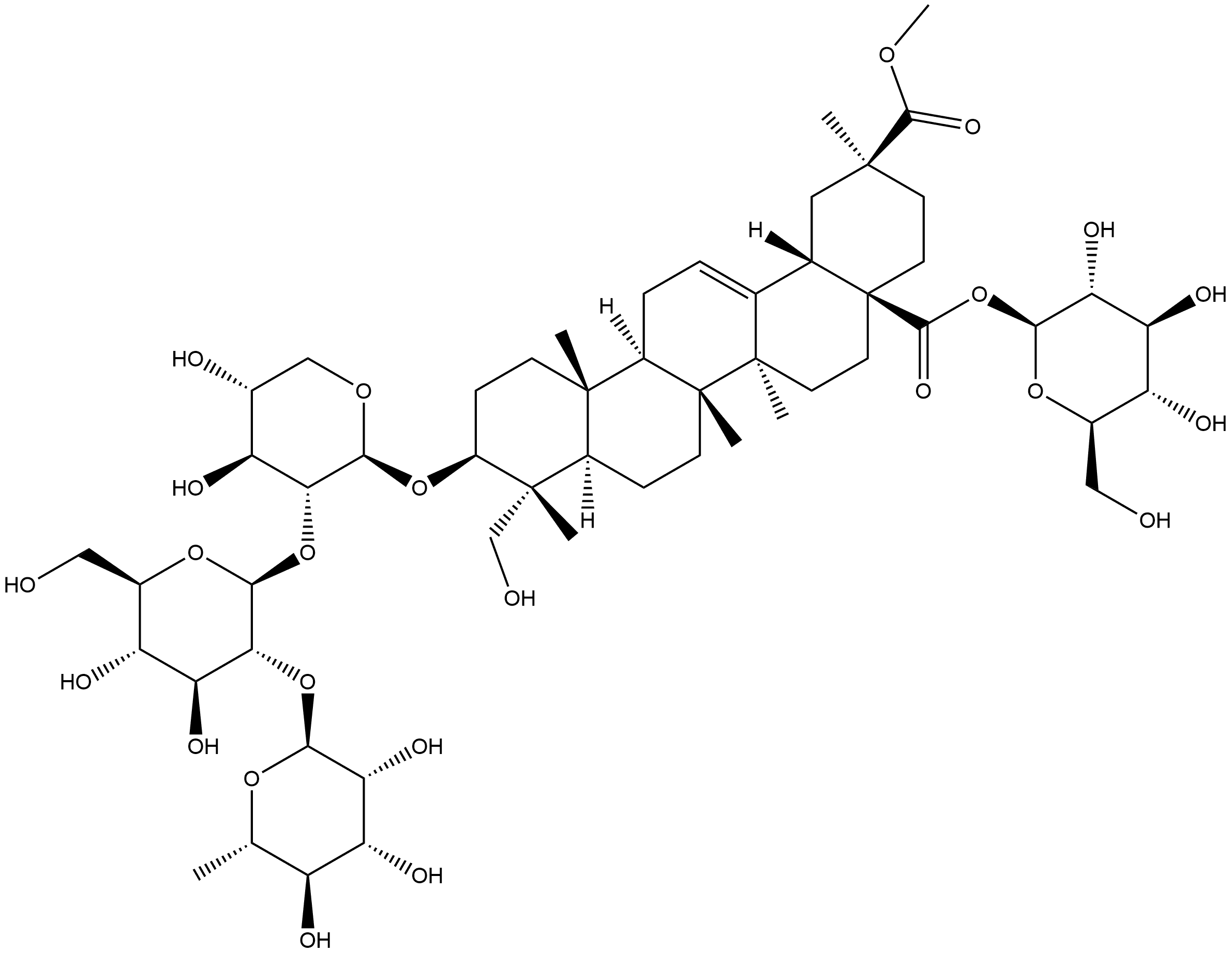 Olean-12-ene-28,29-dioic acid, 3-[(O-6-deoxy-α-L-mannopyranosyl-(1→2)-O-β-D-glucopyranosyl-(1→2)-β-D-xylopyranosyl)oxy]-23-hydroxy-, 28-β-D-glucopyranosyl 29-methyl ester, (3β,4α,20β)- Struktur