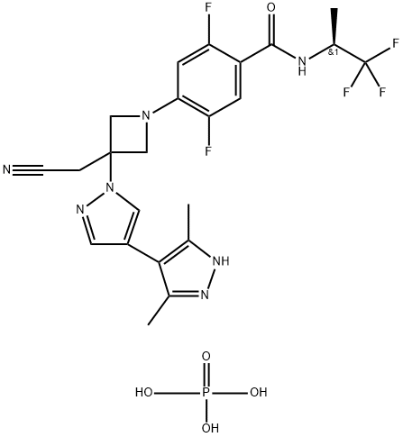 Benzamide, 4-[3-(cyanomethyl)-3-(3',5'-dimethyl[4,4'-bi-1H-pyrazol]-1-yl)-1-azetidinyl]-2,5-difluoro-N-[(1S)-2,2,2-trifluoro-1-methylethyl]-, phosphate (1:1) Struktur