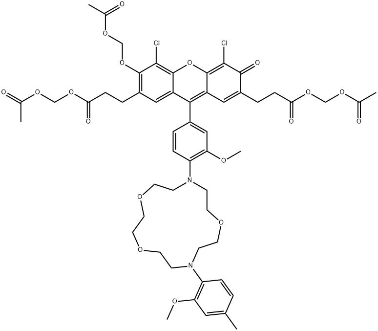 3H-Xanthene-2,7-dipropanoic acid, 6-[(acetyloxy)methoxy]-4,5-dichloro-9-[3-methoxy-4-[13-(2-methoxy-4-methylphenyl)-1,4,10-trioxa-7,13-diazacyclopentadec-7-yl]phenyl]-3-oxo-, 2,7-bis[(acetyloxy)methyl] ester Struktur