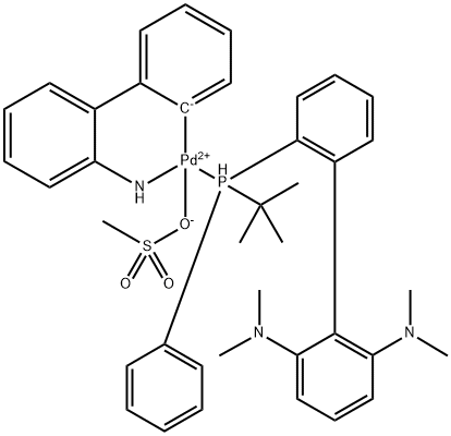 2′-(Amino-κN)[1,1′-biphenyl]-2-yl-κC][2′-[(1,1-dimethylethyl)phenylphosphino-κP]-N2,N2,N6,N6-tetramethyl[1,1′-biphenyl]-2,6-diamine](methanesulfonato-κO)palladium Struktur